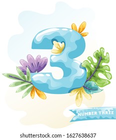Candy blue numbers with floral elements. Baby boy birthday letters. Sweet glossy font 