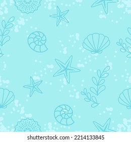 Candy blue underwater sea creatures outline sillhouette seamless pattern background