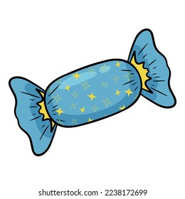 Candy in blue wrapper with stars. Vector illustration. Cartoon style