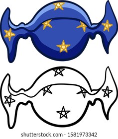 Candy in blue wrapper with yellow stars in colored and line versions. White background, vector.