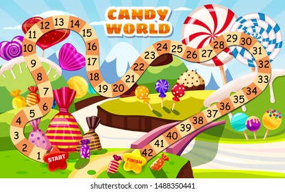 Candy Board Game for children and kids - journey through the sweet Candy World candy lollipops sweets. Vector illustration isolated cartoon style