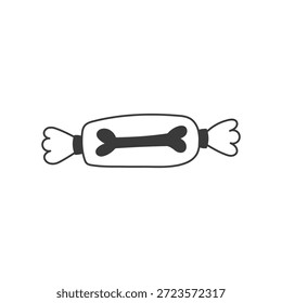 Caramelo con el icono del hueso. Dulce regalo envuelto con el símbolo del perro en estilo de contorno negro, arte de boceto de tinta dibujado a mano juguetón, elemento de postre de Vector simple y caprichoso