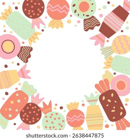 Candy border card for text. Hand drawn coloured template with different candies, sweet and chocolate treats, dessert. Design for October 18 is World Candy Day. Food vector illustration for flyer