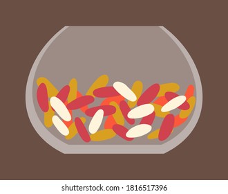Candy in bowl, lollipops in deep transparent vase. Sweetmeats colorful pieces. Sweet candy with filling flat vector illustration. Candy store decor element, bakery production traditional delicious