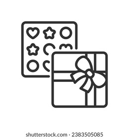 Candy in a box with a bow, linear icon. Line with editable stroke