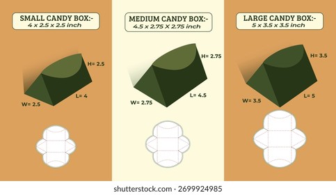 Candy box Set Dieline template of 3 sizes versions with 3D mockup. The small, medium, and large candy boxes, providing a visual guide for packaging and design purpose
