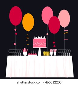 Candy Buffet with cake and balloons.  Birthday sweet table. Vector illustration.