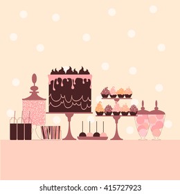 Candy buffet with cake and cupcakes. Dessert bar. Pink sweet table. Vector illustration.