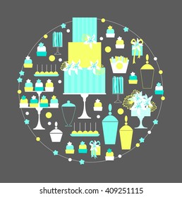 Candy Buffet with cake and cupcakes in round frame. Wedding dessert bar. Birthday sweet table. Vector illustration.