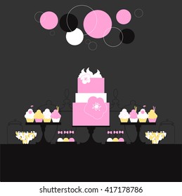 Candy Buffet with cake and cupcakes. Wedding dessert bar. Birthday sweet table. Vector illustration.