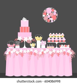 Candy Buffet with cake and cupcakes. Wedding dessert bar. Birthday sweet table. Vector illustration.