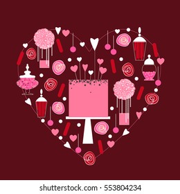 Candy Buffet with cake and flowers.  Dessert bar  in frame with heart. Vector illustration.