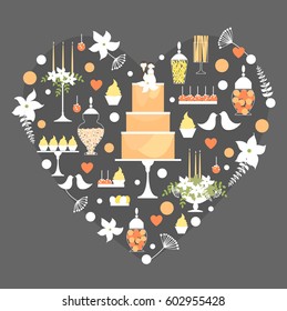 Candy Buffet with cake and flowers.  Dessert bar  in frame with heart. Vector illustration.

