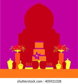 Candy Buffet with cake and flowers. Moroccan style. Vector illustration