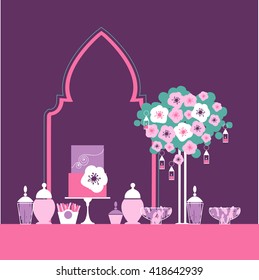 Candy Buffet with cake and flowers. Moroccan style. Vector illustration