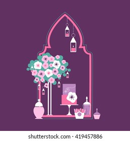 Candy Buffet with cake and flowers. Moroccan style. Vector illustration