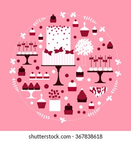 Candy Buffet with cake and flowers in round frame. Vector illustration.