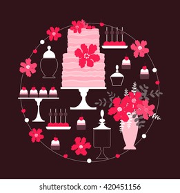 Candy Buffet with cake and flowers in round frame. Dessert bar. Pink sweet table. Vector illustration. 
