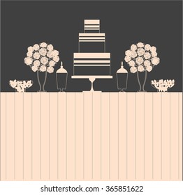 Candy Buffet with cake and flowers. Wedding dessert bar. Birthday sweet table. Vector illustration.