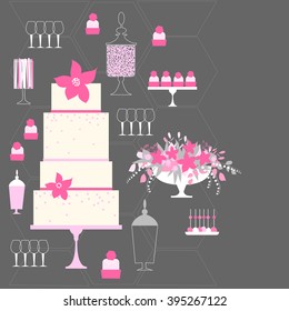 Candy Buffet with cake and flowers. Wedding dessert bar. Birthday sweet table. Vector illustration.