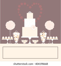 Candy Buffet with cake and flowers. Wedding dessert bar. Birthday sweet table. Vector illustration. 