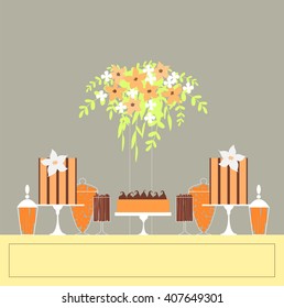 Candy Buffet with cake and flowers. Wedding dessert bar. Birthday sweet table. Vector illustration. 
