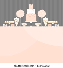 Candy Buffet with cake and flowers. Wedding dessert bar. Birthday sweet table. Vector illustration