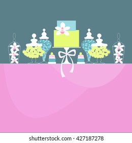 Candy Buffet with cake and  flowers. Wedding dessert bar. Birthday sweet table. Vector illustration.