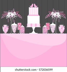 Candy Buffet with cake and flowers. Wedding cake with birds. Pink colors. Vector illustration.