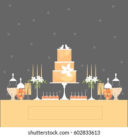 Candy Buffet with cake and flowers. Wedding cake with birds. Wedding sweet table. Vector illustration