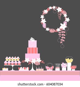 Candy Buffet with cake and flowers. Wedding dessert bar. Birthday sweet table. Vector illustration. 