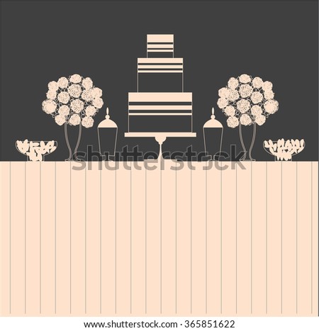 Candy Buffet with cake and flowers. Wedding dessert bar. Birthday sweet table. Vector illustration.