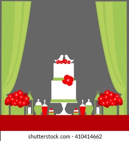 Candy Buffet with cake and flowers.Wedding dessert bar. Cake with birds.Vector illustration