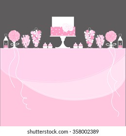 Candy Buffet with cake, lanterns and flowers. Wedding dessert bar. Birthday sweet table. Vector illustration.