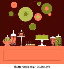Candy Buffet with cake. Wedding dessert bar. Birthday sweet table. Vector illustration.