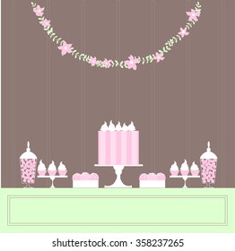 Candy Buffet with cake. Wedding dessert bar. Birthday sweet table. Vector illustration.