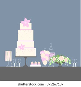 Candy Buffet with cake. Wedding dessert bar. Birthday sweet table. Vector illustration.