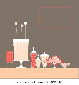 Candy Buffet with cake. Wedding dessert bar. Birthday sweet table. Vector illustration.