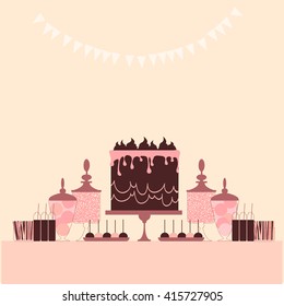 Candy buffet with cake. Wedding dessert bar. Birthday sweet table. Vector illustration.