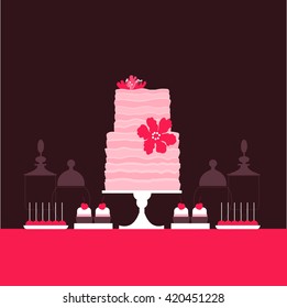 Candy Buffet with cake. Wedding dessert bar. Birthday sweet table. Vector illustration.