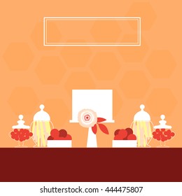 Candy Buffet with cake. Wedding dessert bar. Birthday sweet table. Vector illustration.