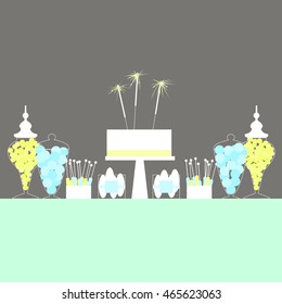 Candy Buffet with cake. Wedding dessert bar. Birthday sweet table. Vector illustration.