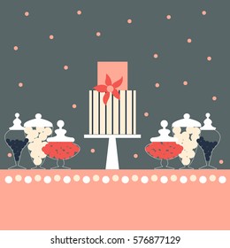 Candy Buffet with cake. Wedding dessert bar. Birthday sweet table. Vector illustration
