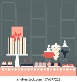 Candy Buffet with cake. Wedding dessert bar. Birthday sweet table. Vector illustration