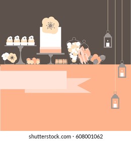 Candy Buffet with cake. Wedding dessert bar. Birthday sweet table. Vector illustration.