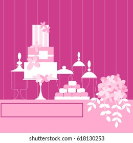 Candy Buffet with cake. Wedding dessert bar. Birthday sweet table. Vector illustration.