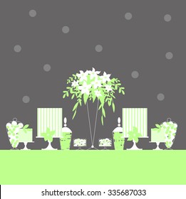 Candy Buffet with cakes and flowers . Wedding dessert bar. Vector illustration.