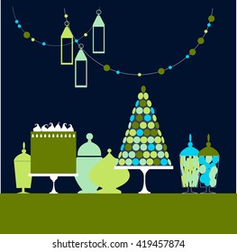 Candy buffet with cupcakes and macaroons. Birthday sweet table. Wedding dessert bar. Vector illustration.