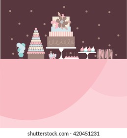 Candy buffet with cupcakes, macaroons and cake.  Birthday sweet table. Vector illustration.