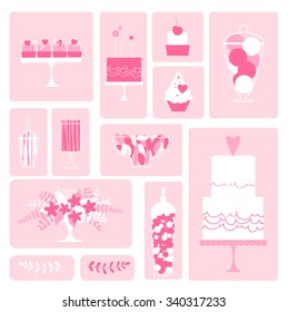 Candy buffet elements. Wedding dessert bar. Birthday sweet table.  Pink colors. Vector illustration.